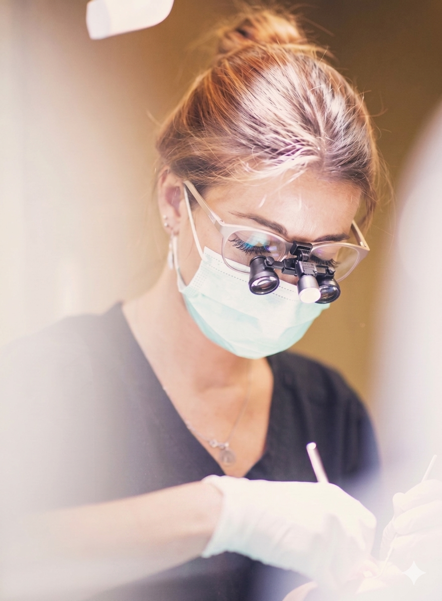 Dental professional examining a patient through clinical loupes.