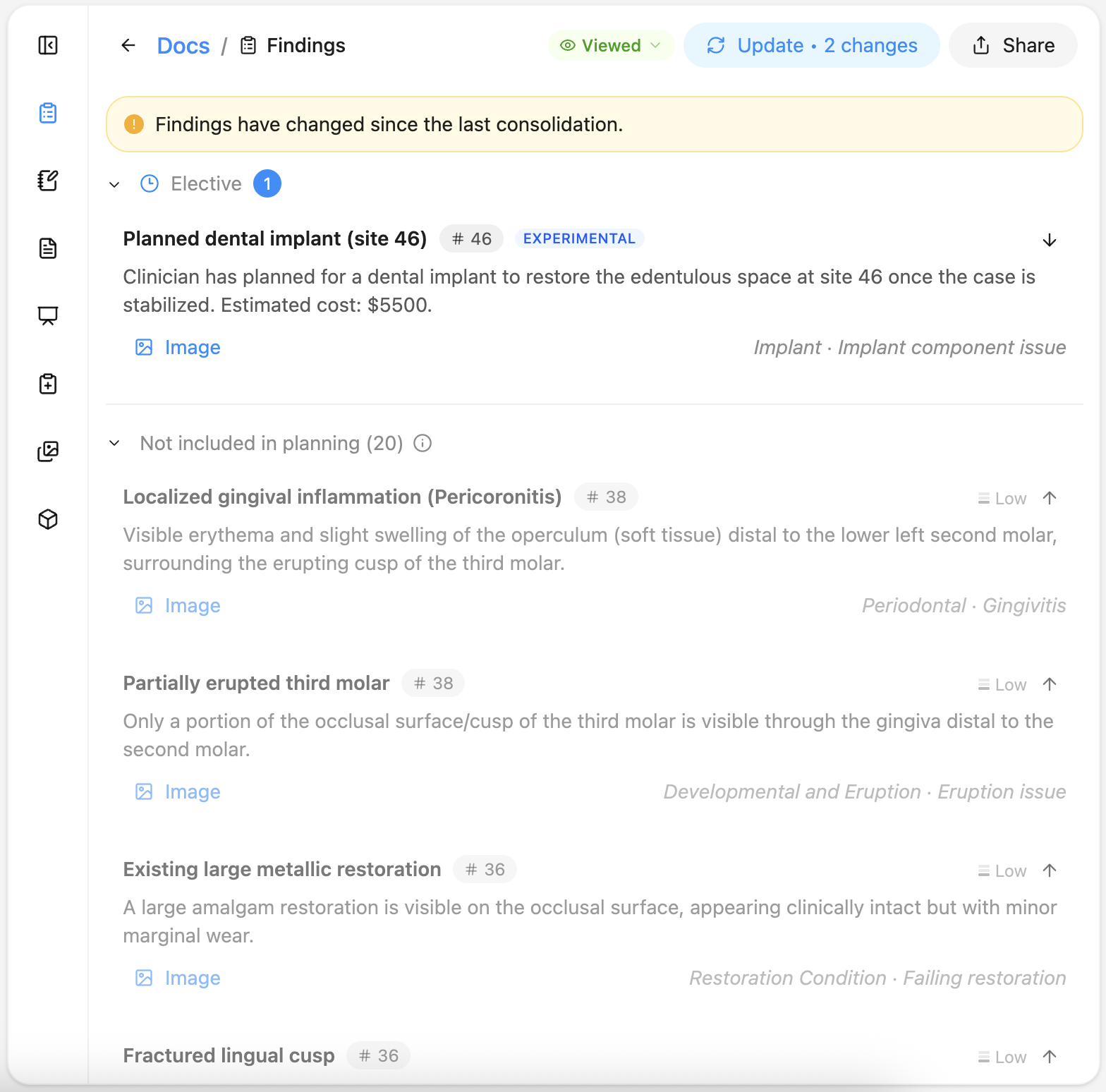 Treatment plan editor with item codes, pricing toggles, and grouped appointments